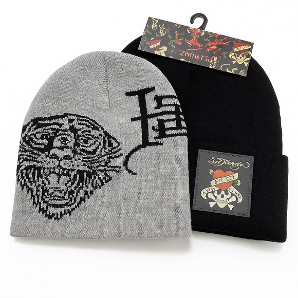 Ed Hardy Beanie Hat Set 2-Pack Knit Skull Heart Black + Tiger Gray Tattoo NWT - Picture 1 of 4